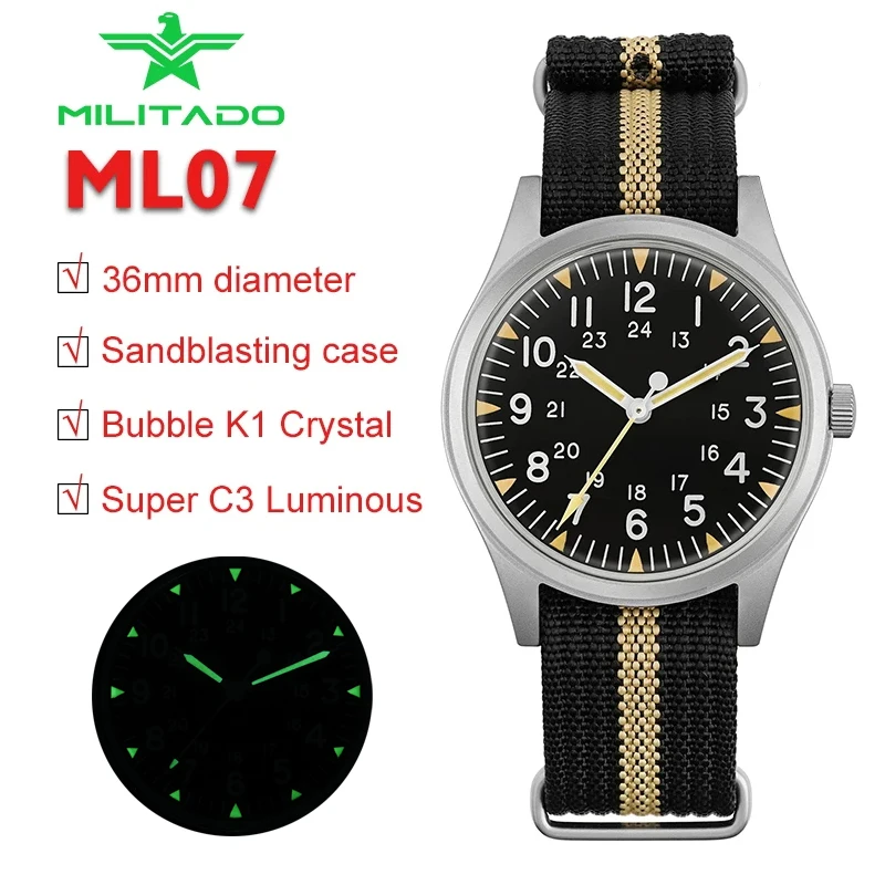 Militado 36mm Retro Field Watch VH31 Quartz Bubble Crystal C3 Super Luminous Stainless Steel 10Bar Waterproof Homage Watch ML07