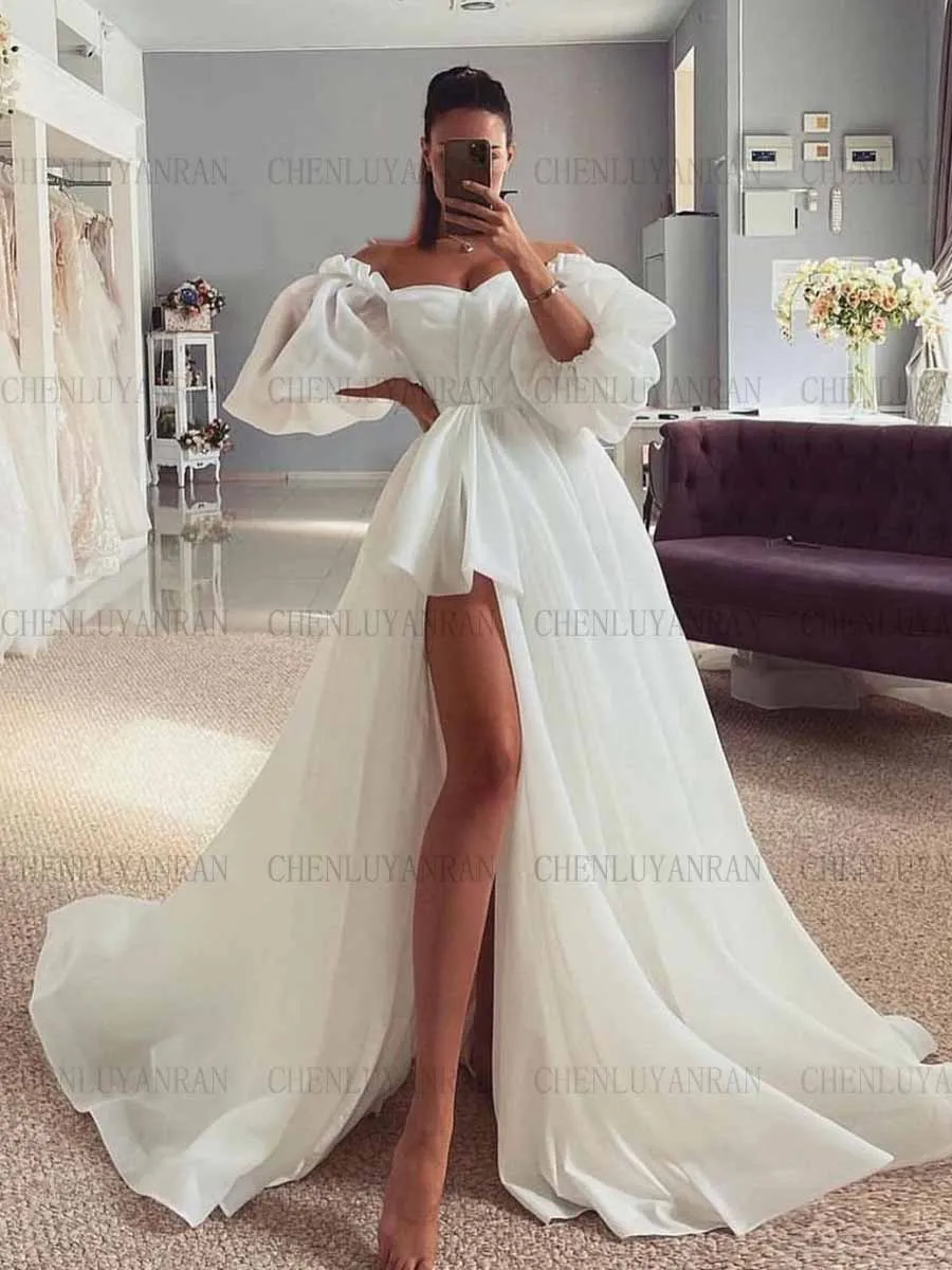 White Puff Sleeves Wedding Dresses For Women Side Split Sexy Wendding Dress A-Line Long Dresses For Wome 2023 فستان حفلات الزفاف