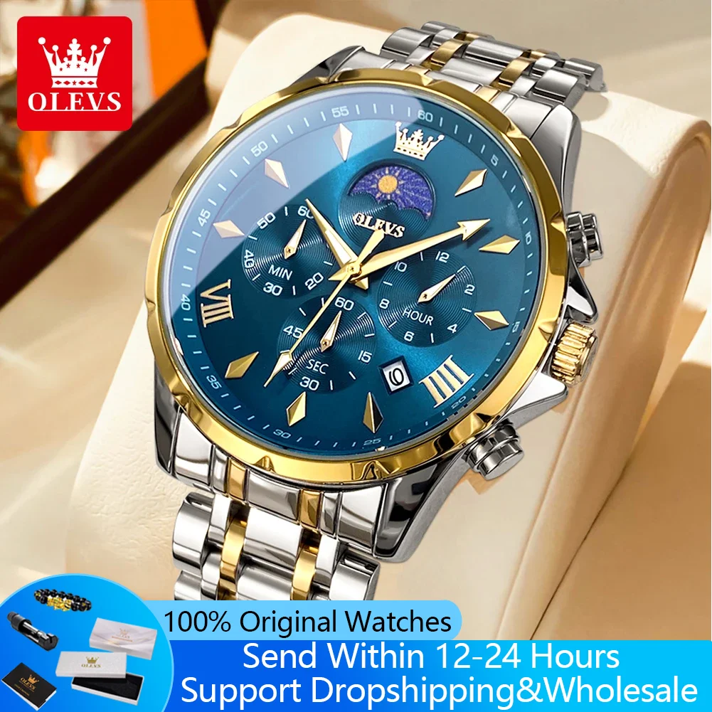 

OLEVS 3653 Men's Quartz Watches Classic Chronograph 7 Hands Multi Funcational Moon Phase Waterproof Luminous Wristwatch for Men