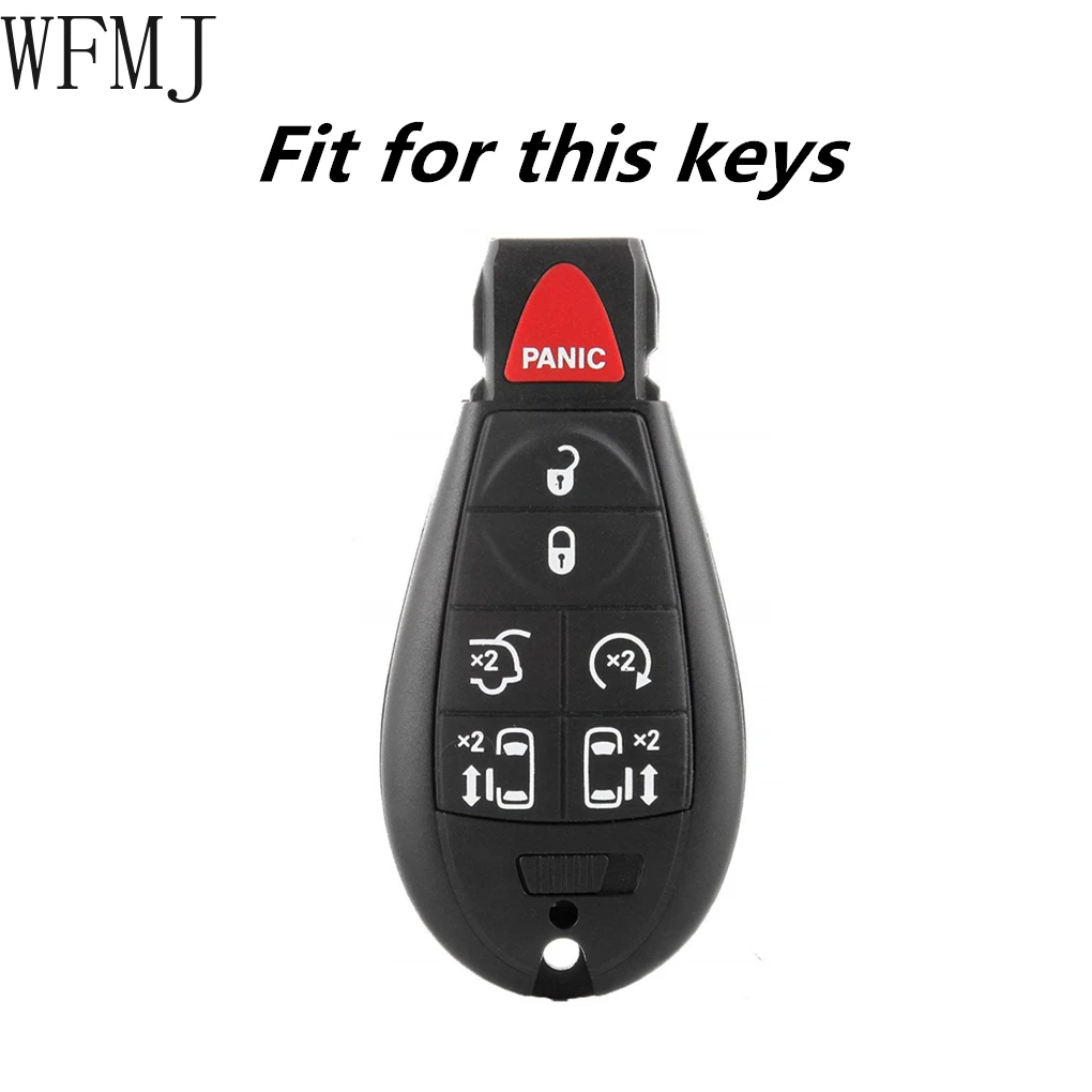 WFMJ Leather for Chrysler Town and Country Dodge Grand Caravan Remote Smart 7 Buttons Key Case Cover Fob Chain