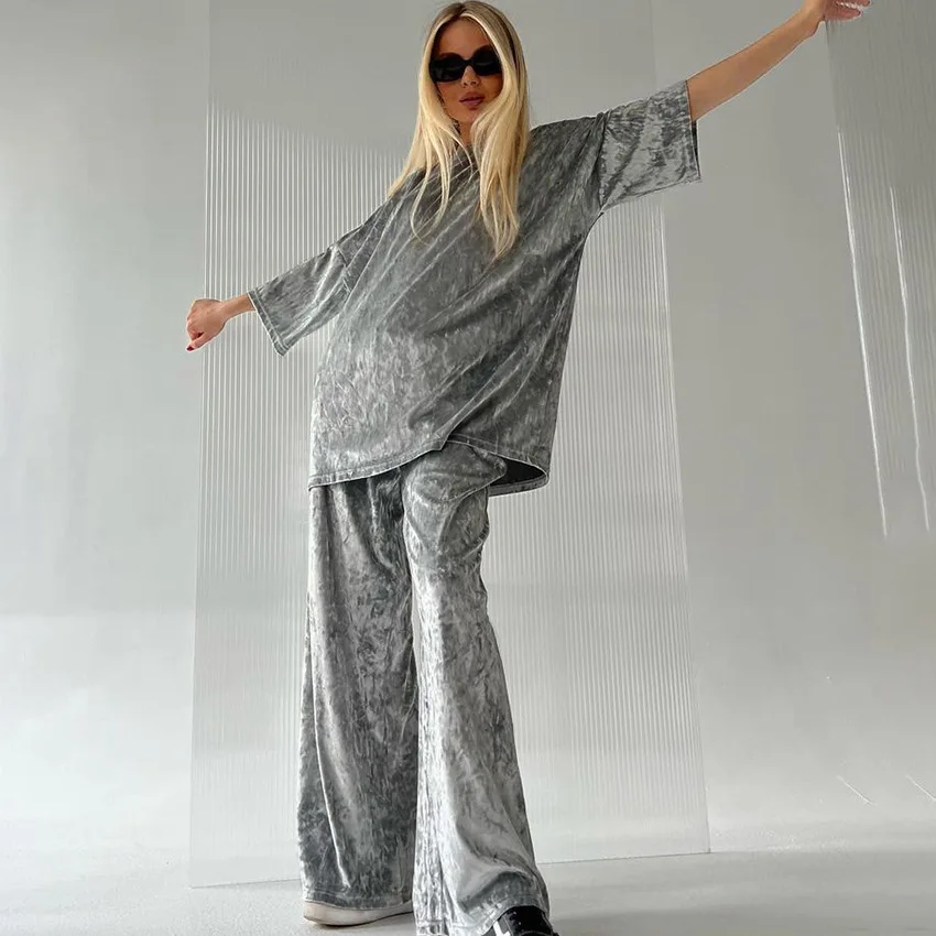 European And American Velvet Autumn Warm Seven Quarter Sleeved Pants Silver Pajamas Women's Loose Casual Home Clothes Nightwear