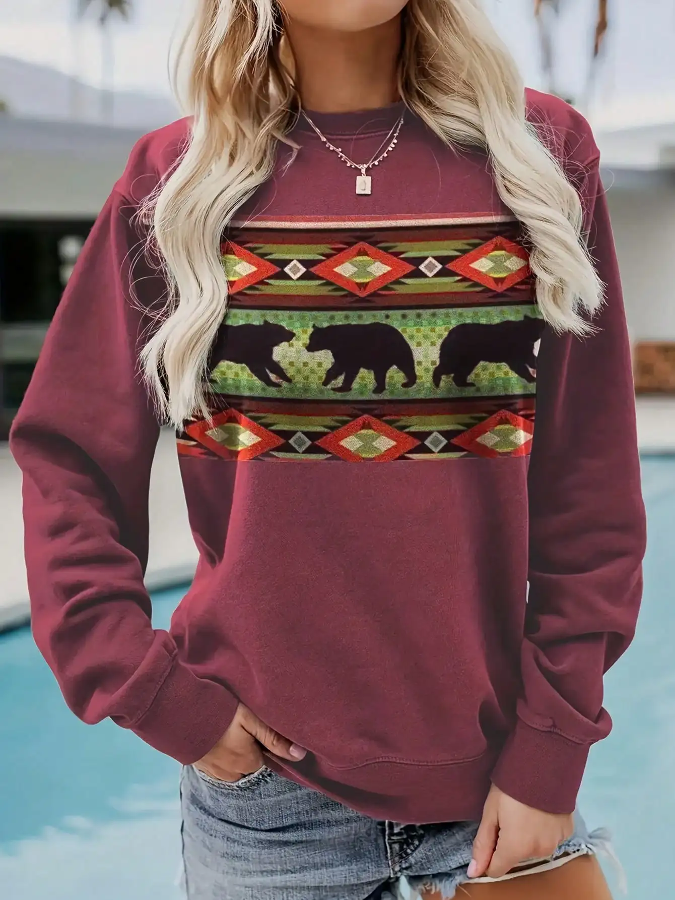 سويت شيرت نسائي رفيع بطباعة عرقية غربية وطباعة هندسية كلاسيكية ورقبة دائرية وأكمام طويلة للنساء #1