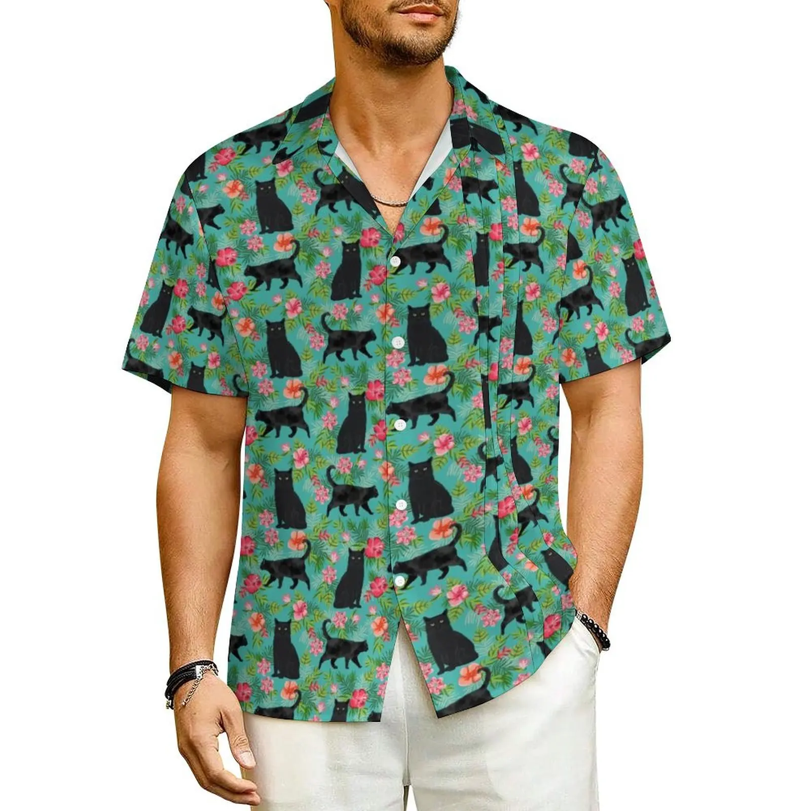 

Hawaii Shirt Vacation Black Cats Print Blouses Hawaiian Floral Classic Casual Shirts Men Short Sleeve Streetwear Oversize Top