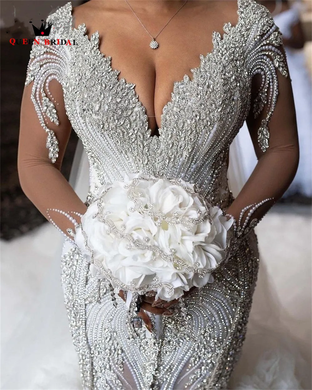 Luxury Mermaid V-neck Long Sleeve Ruffle Train Crystal Beaded Diamond Sexy Wedding Dresses Women Bride Dresses Custom Made DJ35M