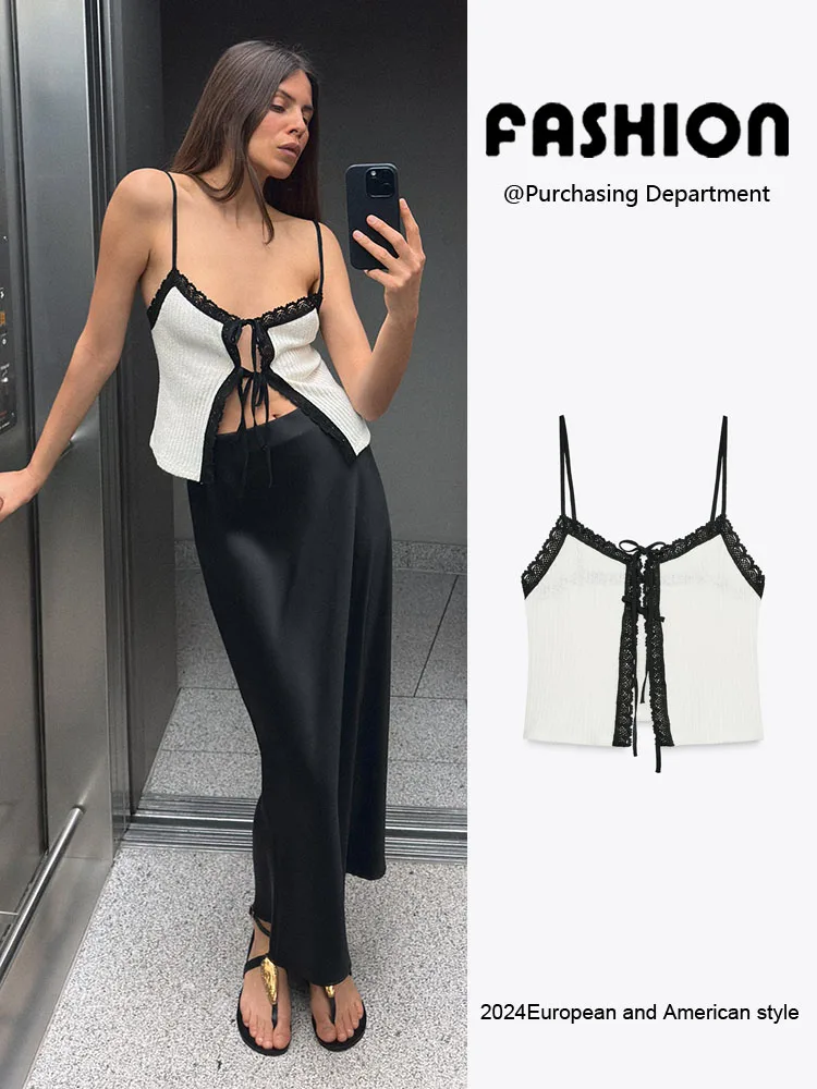 

Romantic Style Color Block Design Women's New Summer Sleeveless Strap Top Fashionable Commute Style Short Length Vest