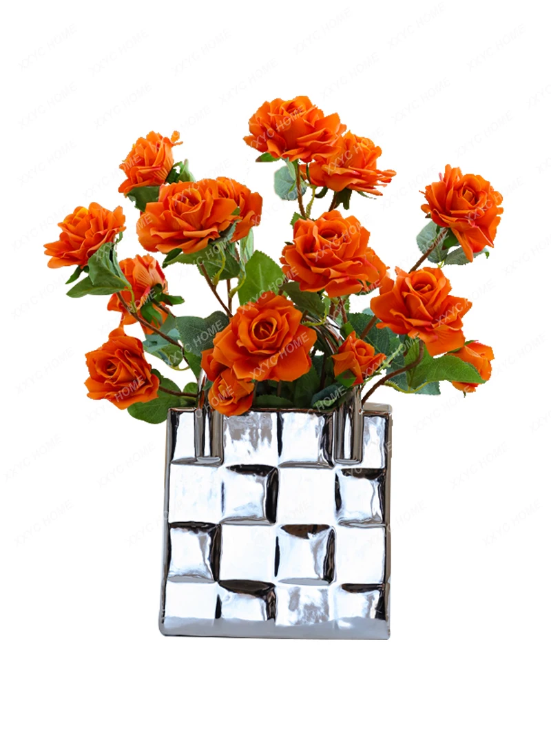 Electroplated Silver Handbags Ceramic Vase Decoration Living Room Flower Arrangement Fake Flower Decoration