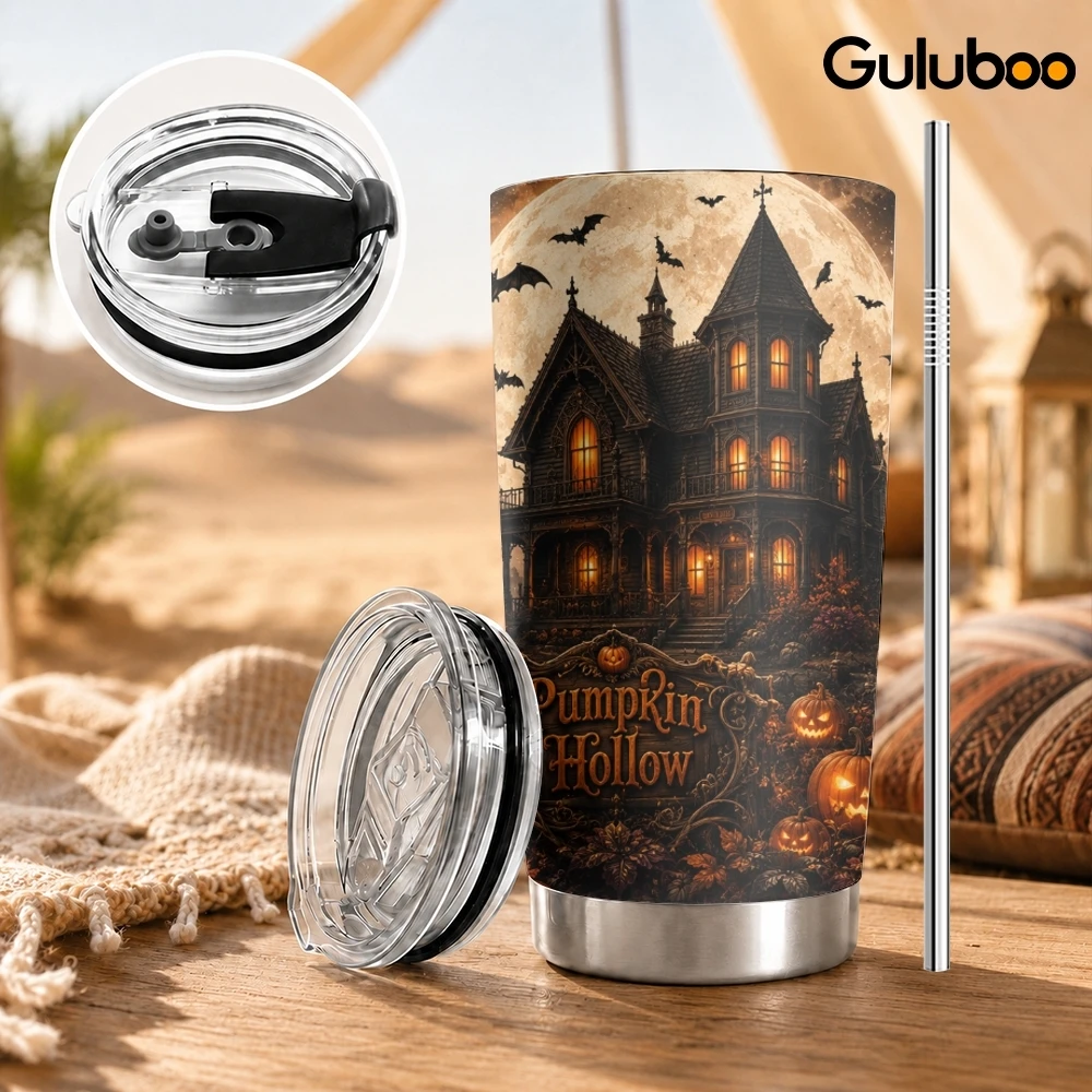 Halloween Haunted House Vacuum Flasks 20oz Stainless Steel Travel Mug with 2 Lids & Reusable Straw Vacuum Insulated Coffee Cup