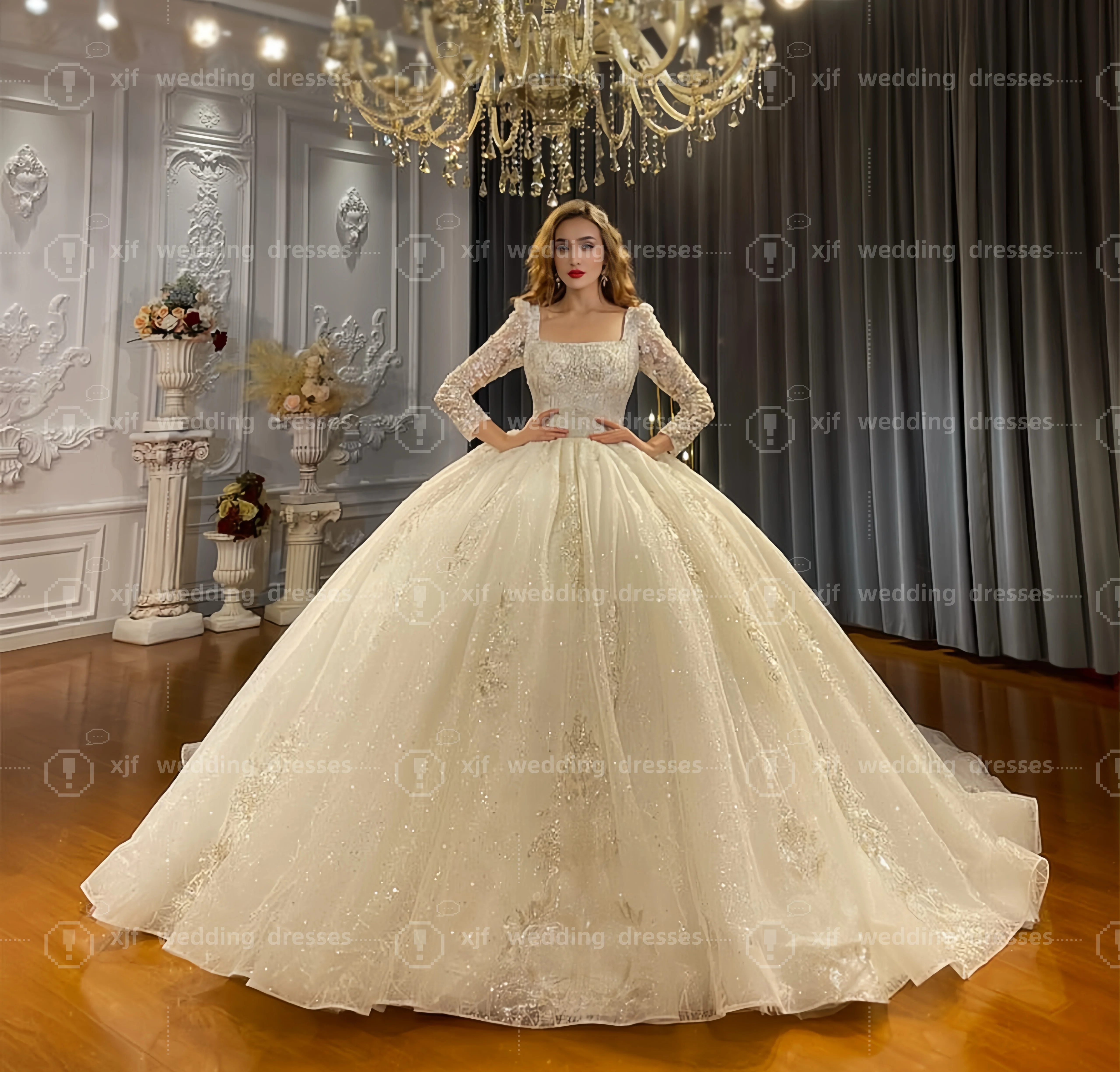 ที่กําหนดเองสแควร์คอแขนยาวลูกปัดหรูหราชุดแต่งงาน vestidos de novia amanda novias amanda novias อย่างเป็นทางการ