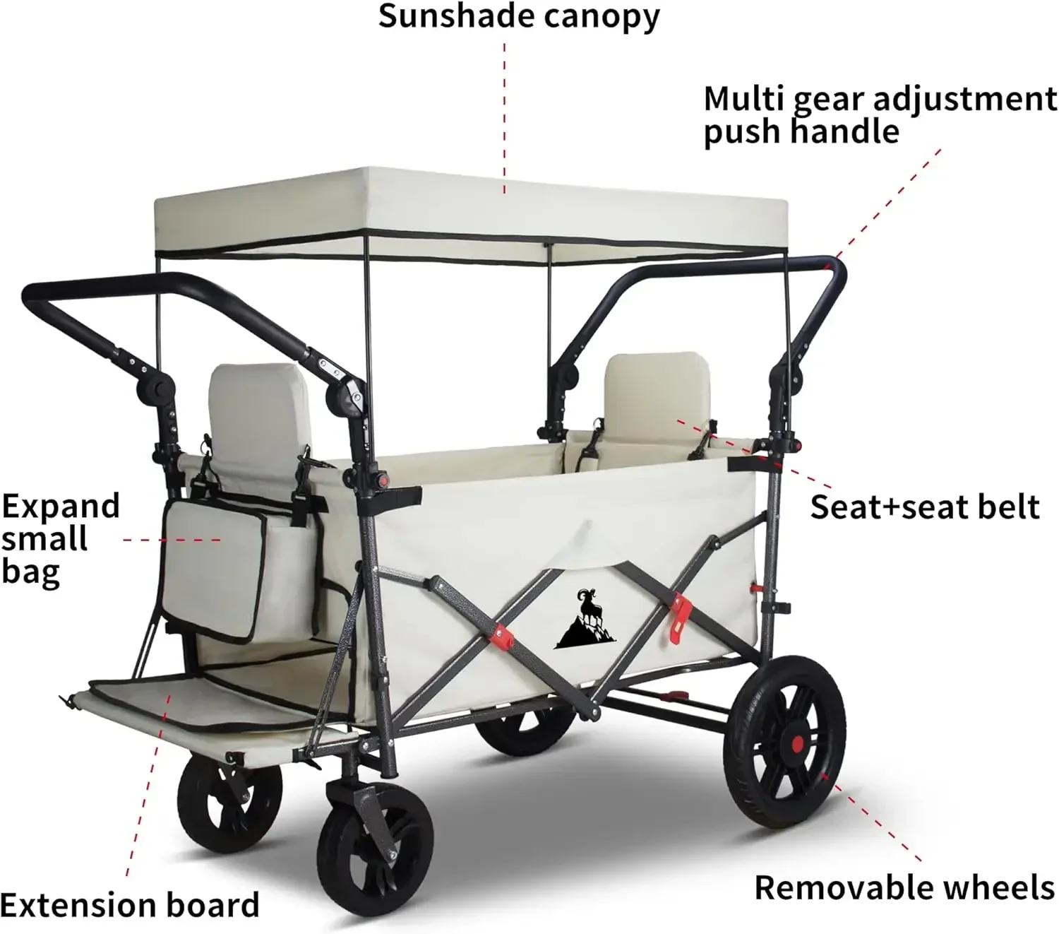 Foldable Wagon with Canopy - Collapsible Utility Cart with 2 Seats & Belts, Adjustable Handle, Expandable Front for Camping, Pic