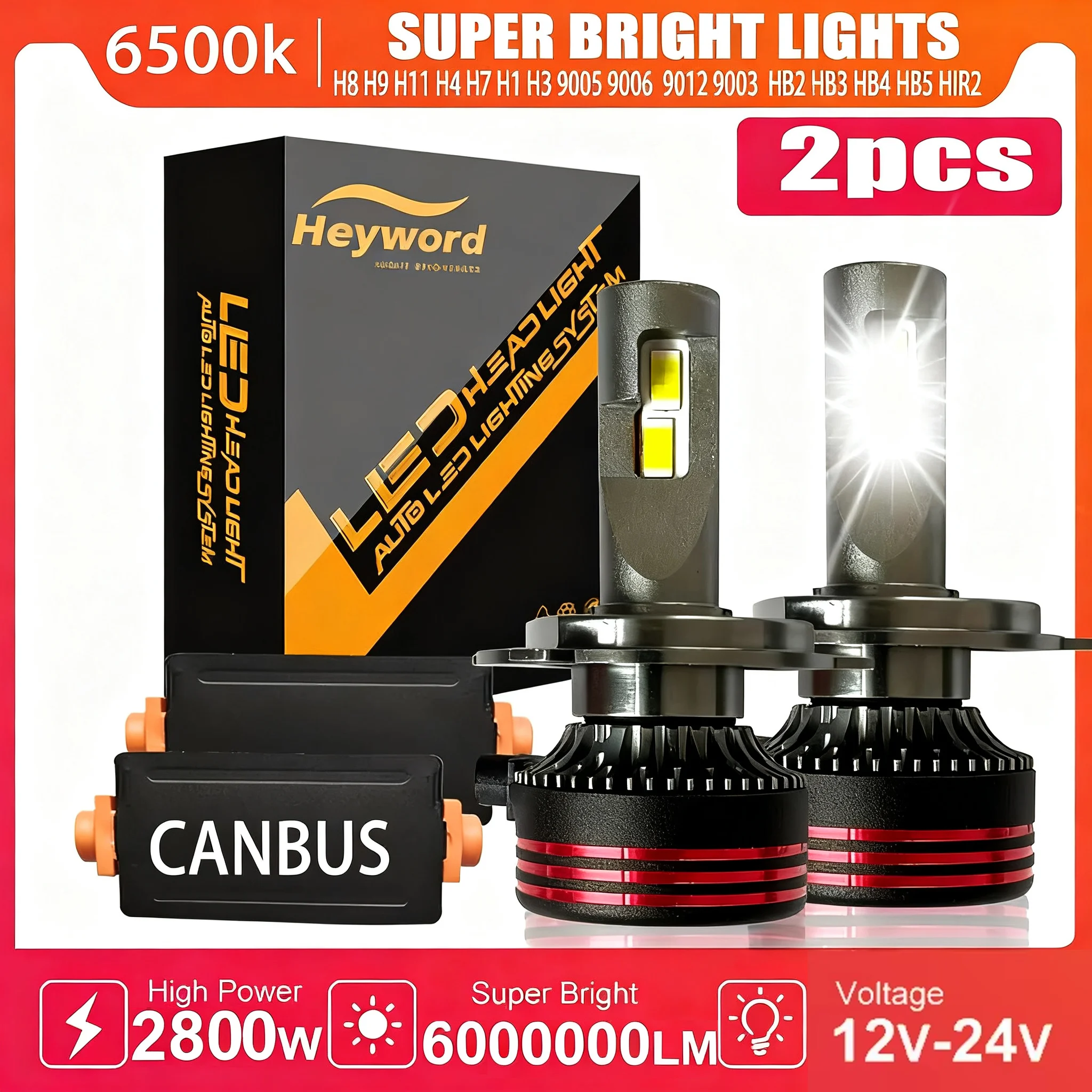 Heyword 2800 واط 6000000LM زائد H7 H11 H1 H4 Led المصباح لمبة 6000 كيلو LED HB3 HB4 مزدوجة النحاس أنبوب مصباح ليد عدة للسيارة 12 فولت 2 قطعة