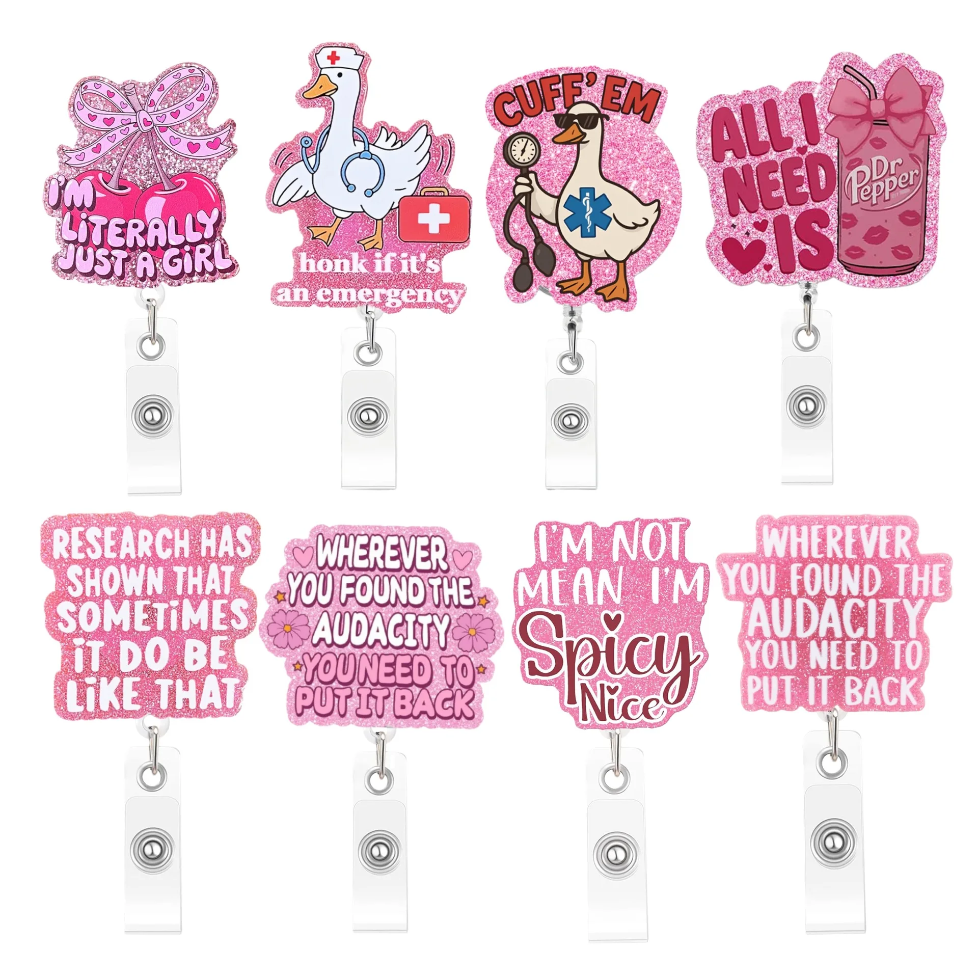 Hot Sales 1 Piece Shiny Acrylic Funny Pink Anime Medical Goose Retractable Nurse Badge Reel Teacher Staff Doctor ID Card Holder