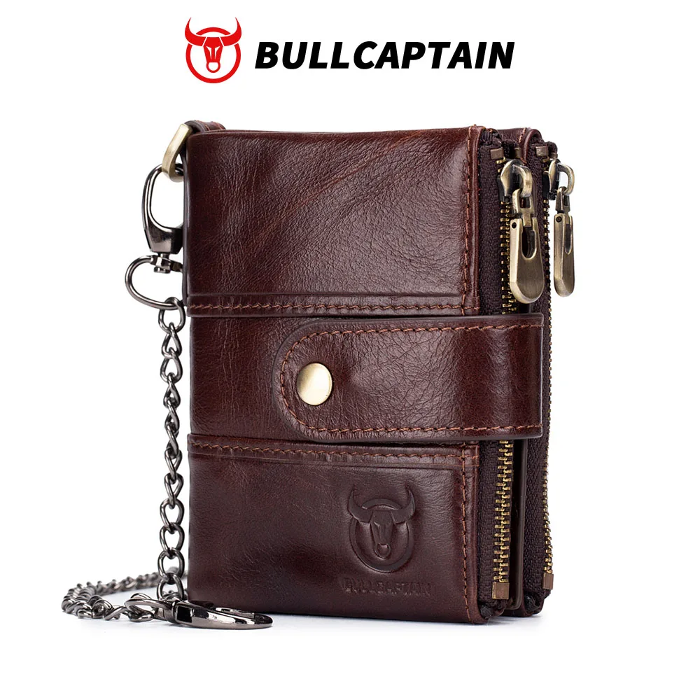 BULLCAPTAIN Genuine leather men's wallet coin purse compact mini card holder rfid blocking wallets chain combination wallet's