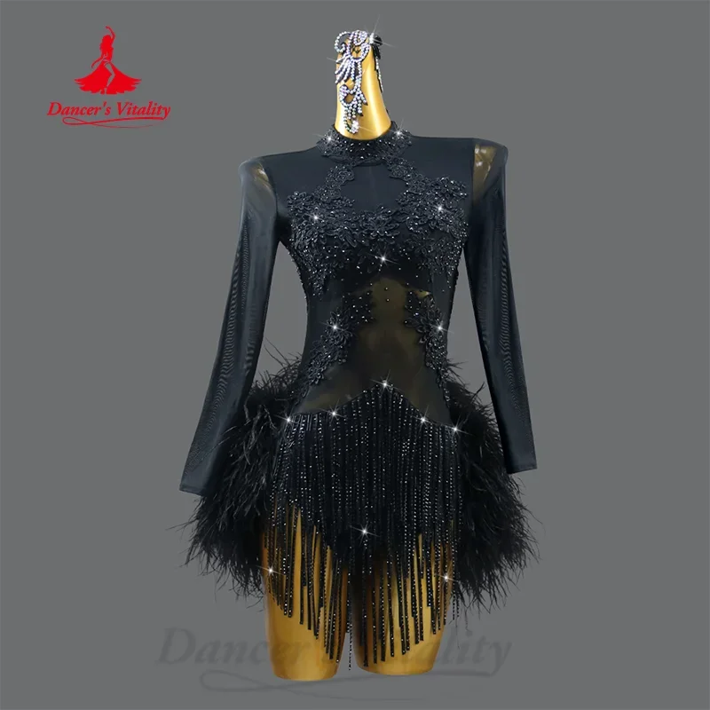 

Latin Dance Performance Clothing for Women Customized Luxury Diamond Feather Tassel Dress Adult Children Competition Costume