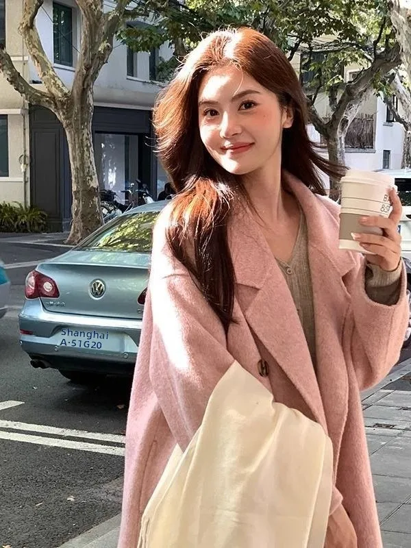 

Розовое шерстяное пальто женское 2025: Новинка осенне-зимнего сезона, длинное, из 100% полиэстера, модная верхняя одежда