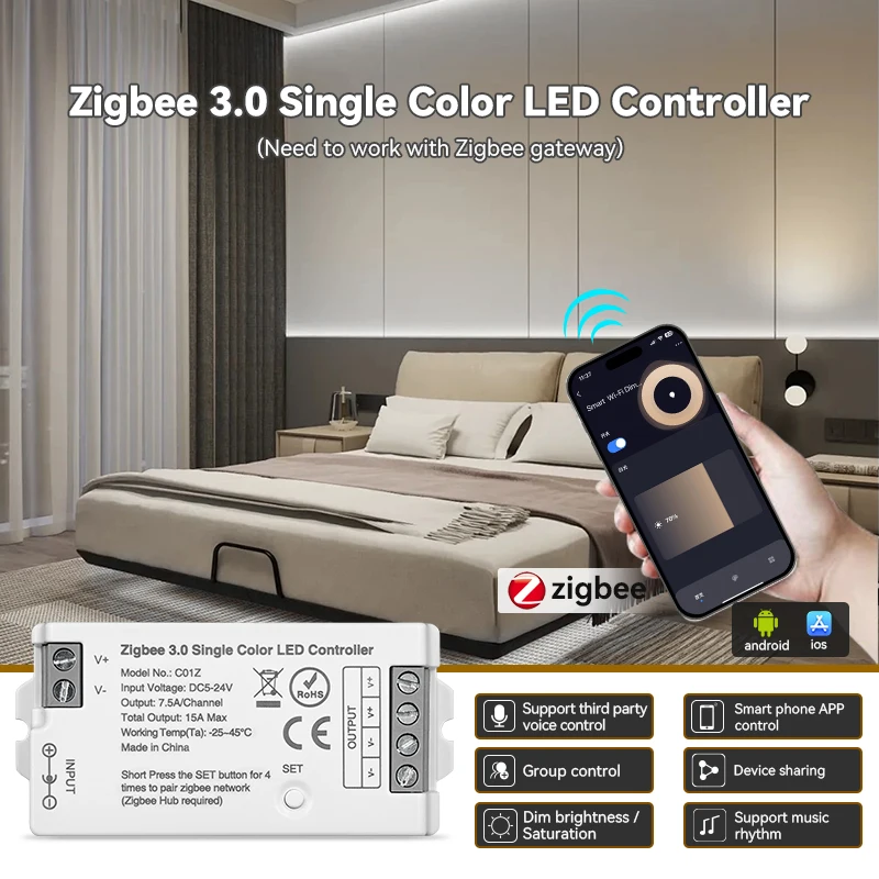 

Контроллер светодиодной ленты DC5-24V C01Z Zigbee 3.0 Smart Tuya с голосовым управлением, диммер для одноцветных/двухцветных RGB, RGBW, RGBCCT светодиодных лент