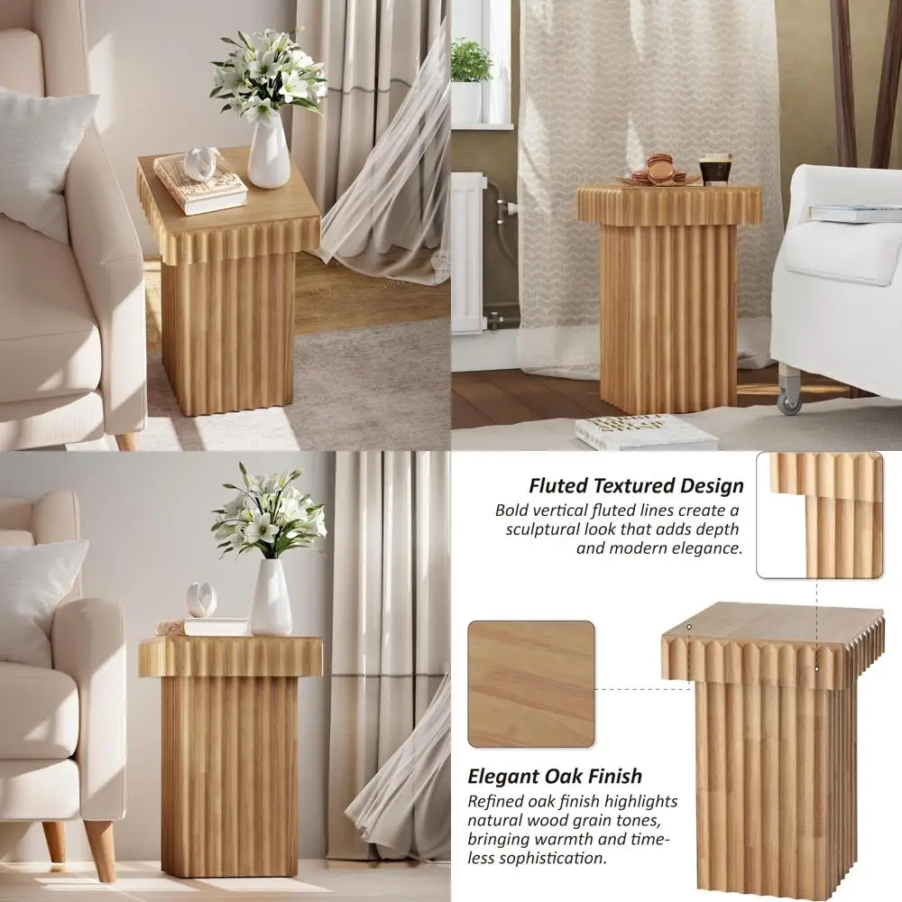 

Sculptural Natural Oak Fluted Wood End Table, Modern Textured Accent Side Table, Small Plant Stand