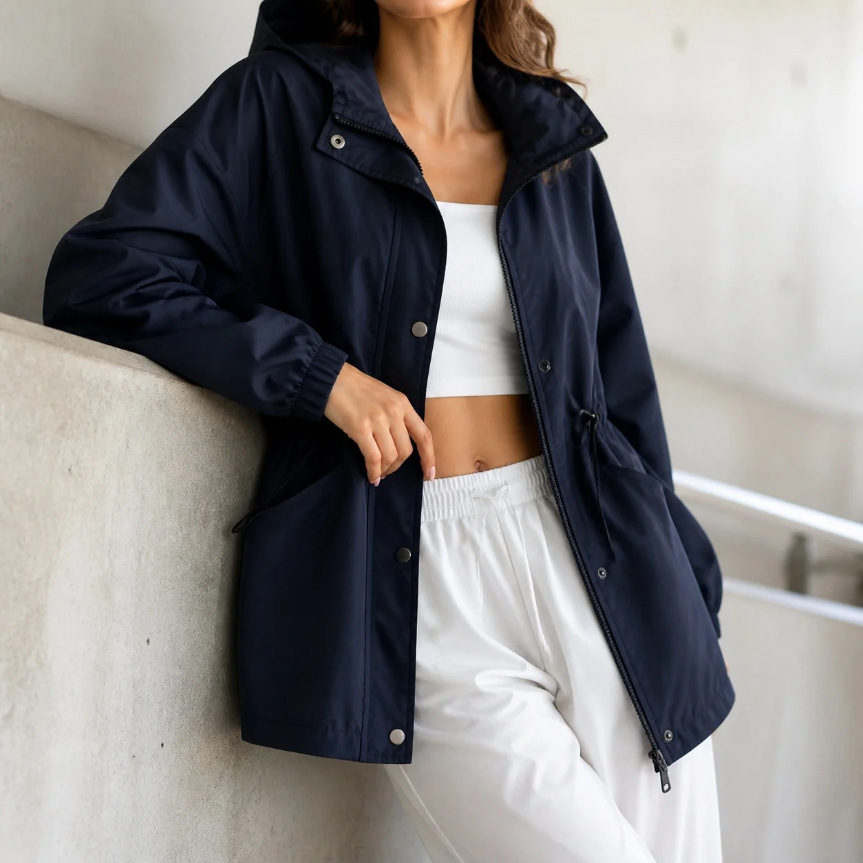 Women's Demi-season Medium Weight Hooded Belted Jacket Solid Color Long Sleeve Single Breasted Woven Button Front Outerwear