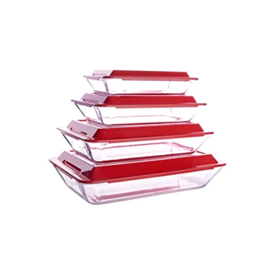 

Set of 8 PCS Nesting Tempered Glass Bakeware Set, 4x Glass Baking Dishes and 4x BPA Free Lids. Oven, Refrigerator and Dishwashe
