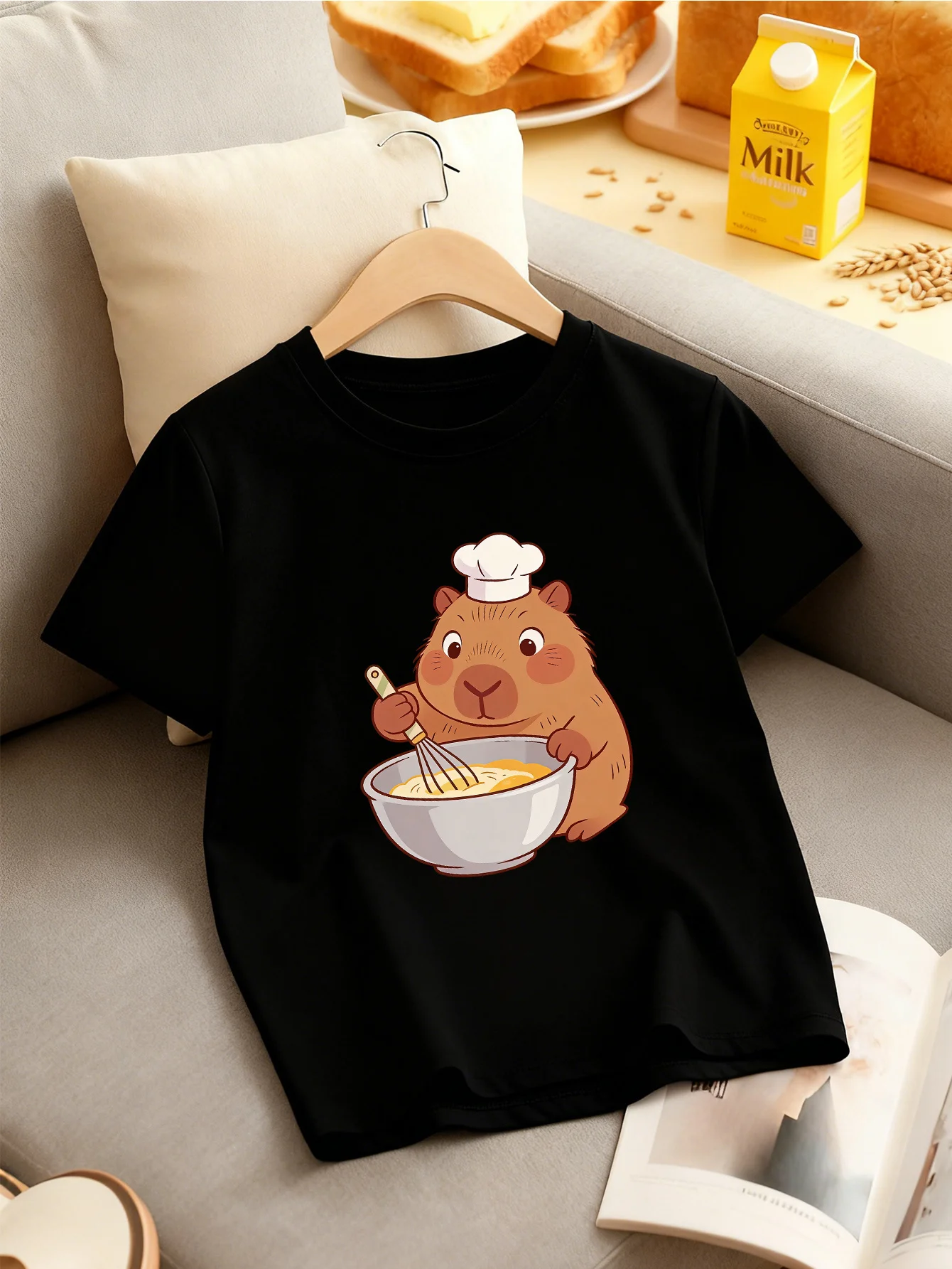 Chef Capybara Kids Tee Cartoon Print Boys Girls Family Matching Cotton Summer Short Sleeve Casual Basic Children Tshirt