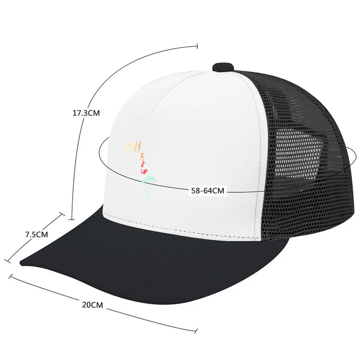 Human Evolution Skydiving Paragliding Parachute Silhouettes Mesh Baseball Cap Casual Hat For Womens Unisex Female