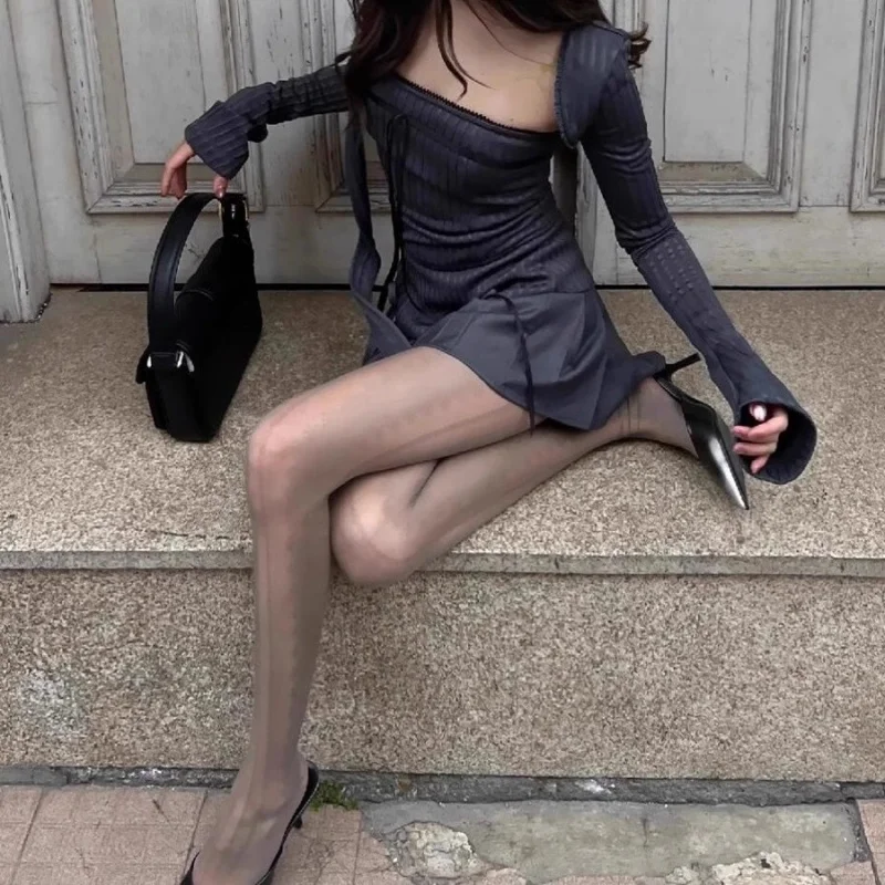 

Сетчатые колготки Smoke Gray с боковыми шнуровками, сексуальные, утягивающие, с вертикальными полосками, ультратонкие, прозрачные, для коррекции фигуры, Pure Desire S