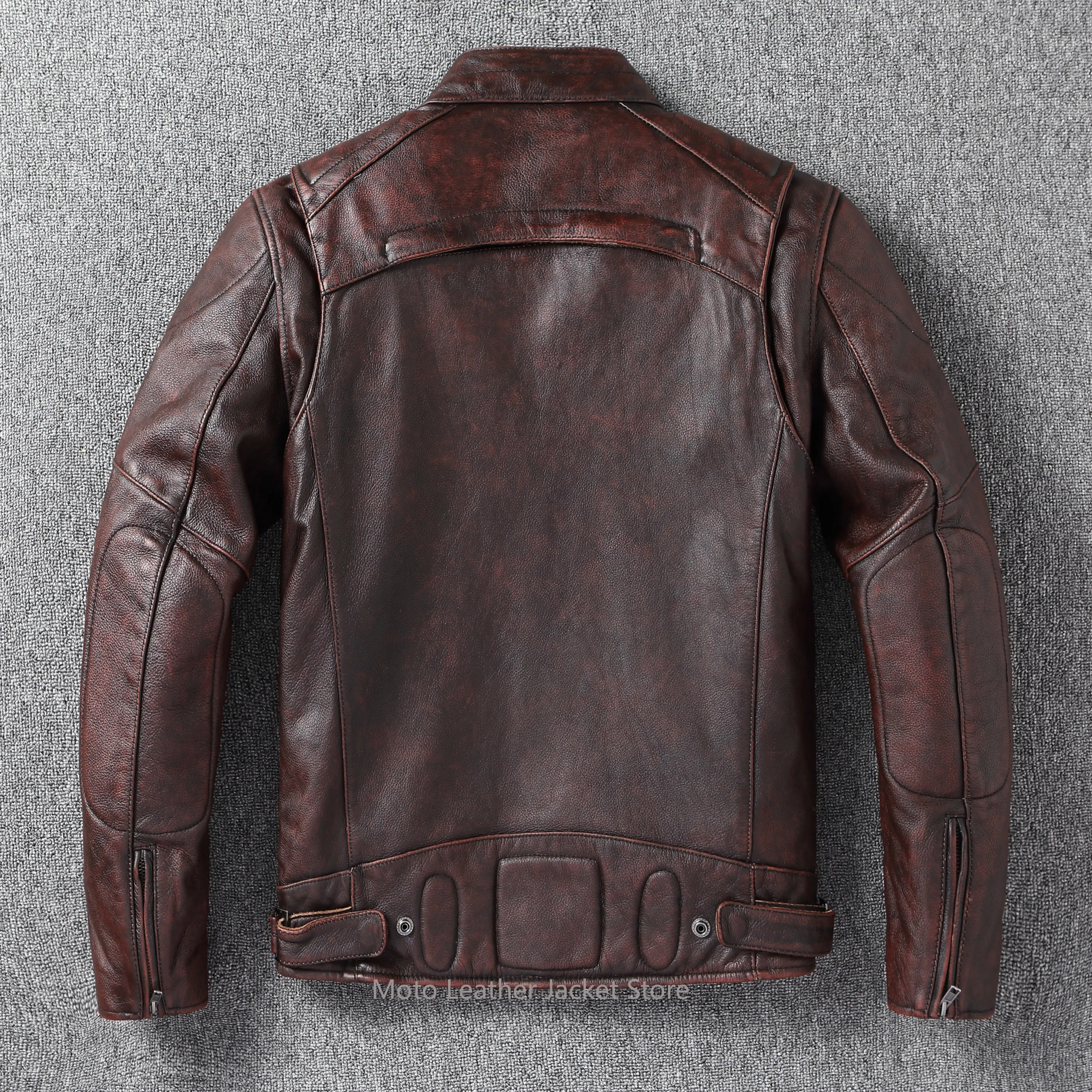 New Amekaji Retro Biker Genuine Leather Jacket Men Removable Liner Armor Cowhide Stand Collar Fall Winter Genuine Outwear - view 4