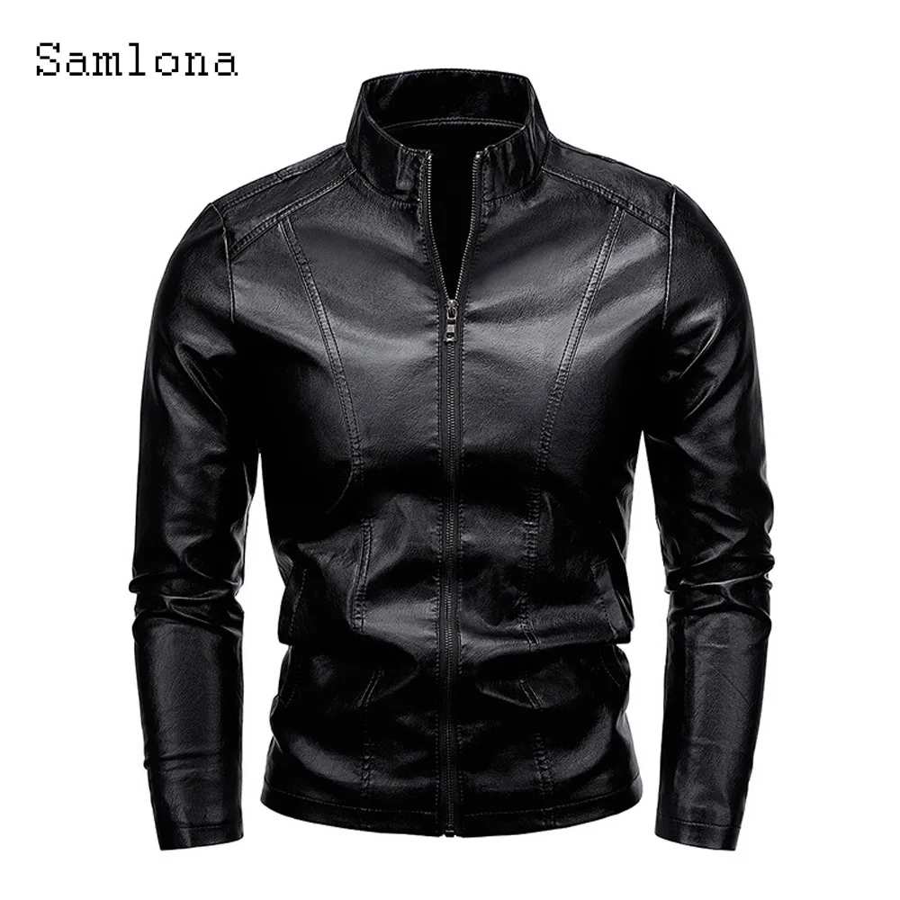 Men Cool Plush Jackets Mandarin Collar Faux Pu Leather Tops Outerwear 2024 American and European Fashion Zipper Fly Coats New