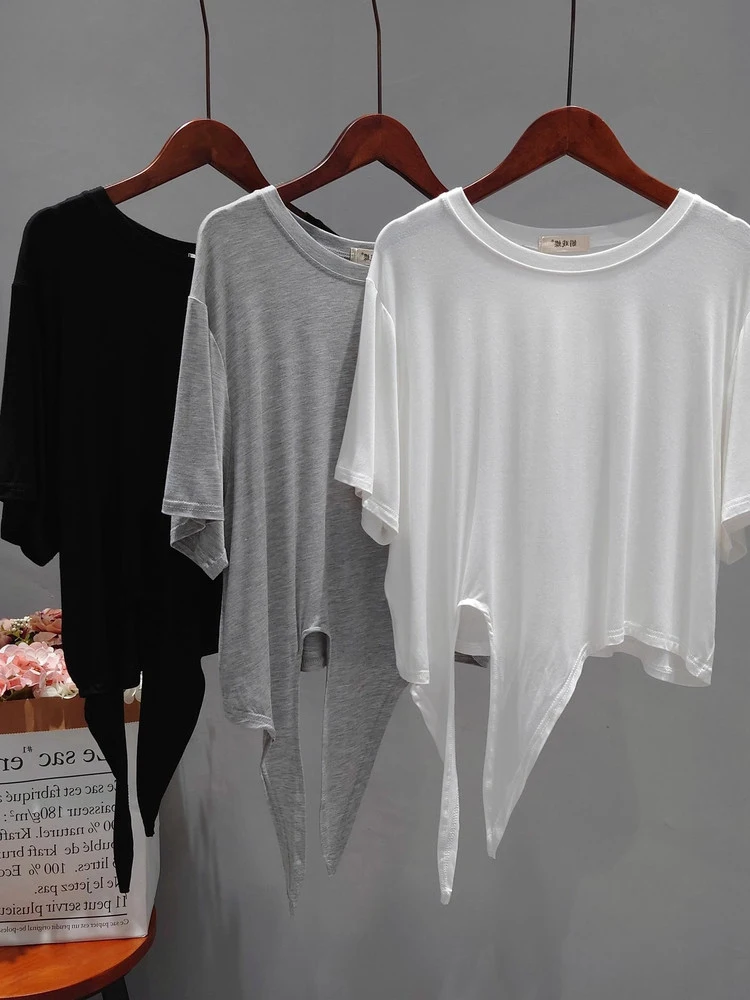 Ultra Soft Skin-Friendly Modal Summer Loose Short Sleeve T-Shirt Women's Asymmetrical Knot Yoga Wear Top Korean Style High Waist