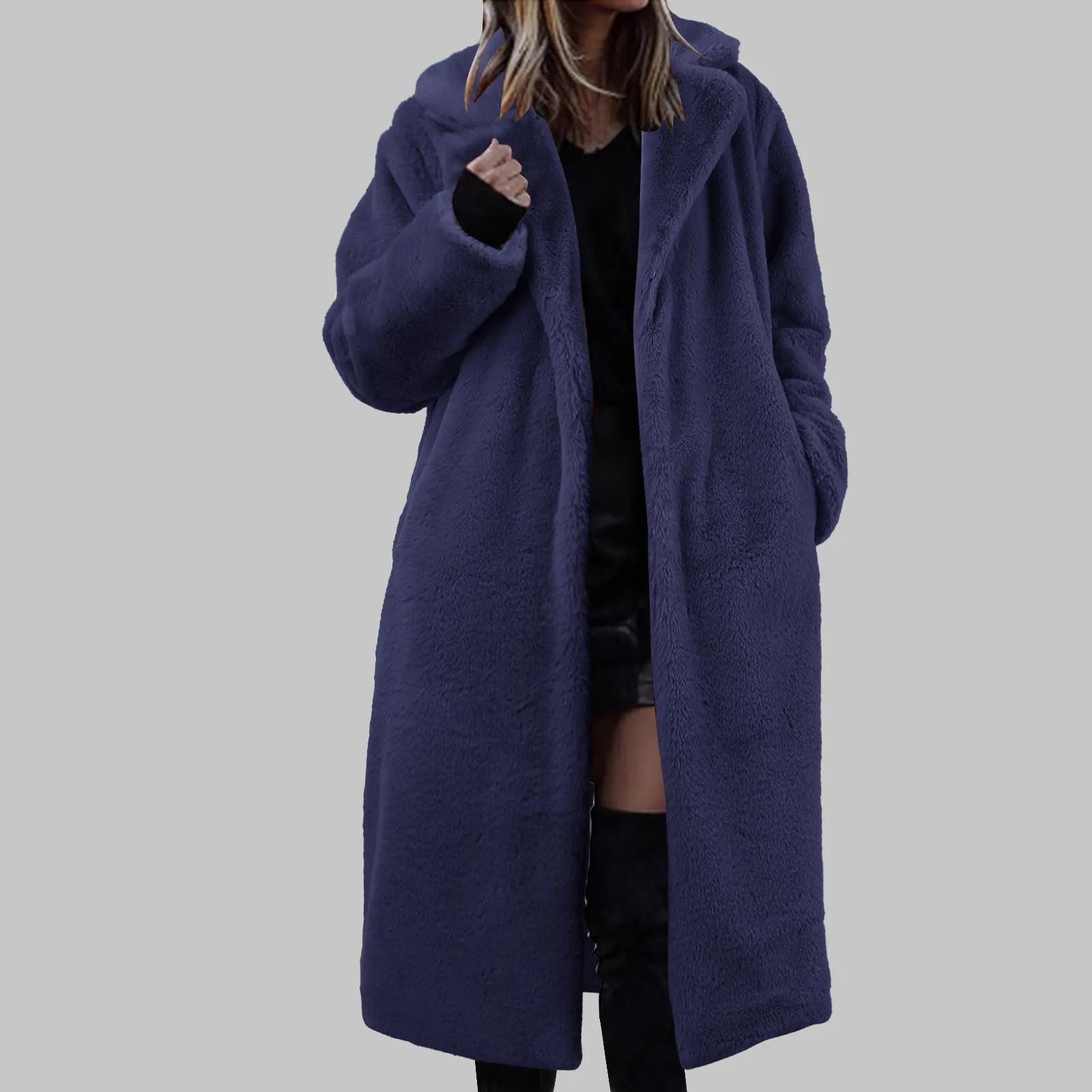 Womens Winter Warm Lapel Faux Fuzzy Coat Jacket Overcoat Mink Fleece Spliced Mid Length Coat Suit plus Raincoat Women