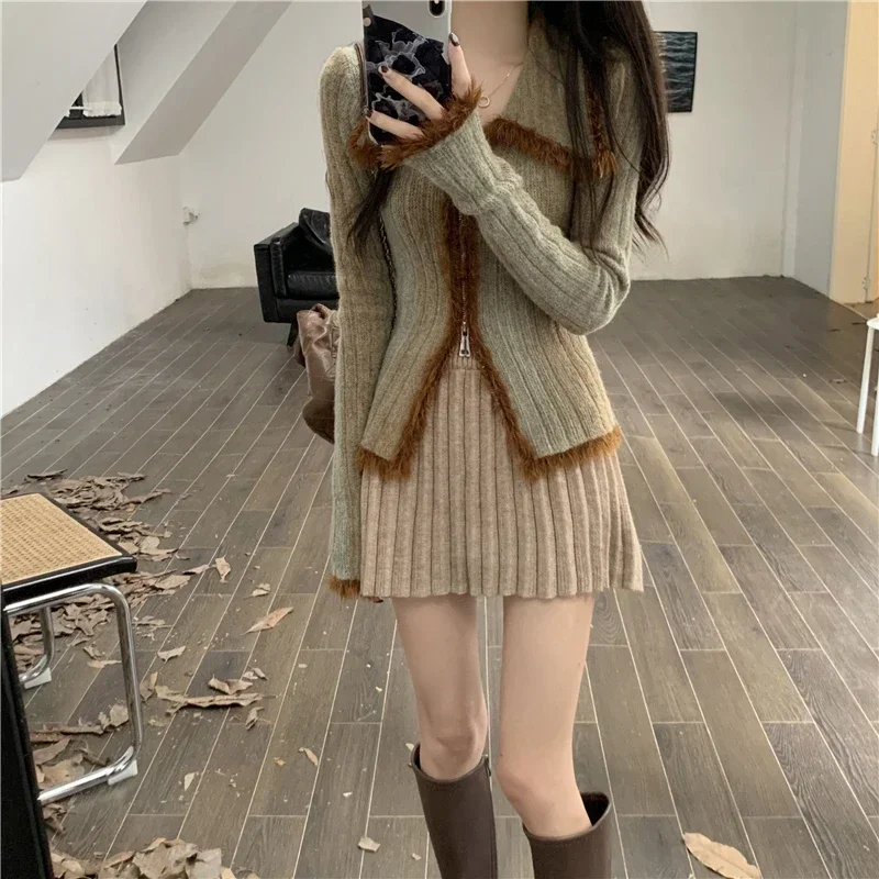 SMTA Vintage Gradient Polo Zipper Cardigan Women Autumn Winter 2024 Long Sleeve Cashmere Sweater Knitted Top Outwear Jumpers