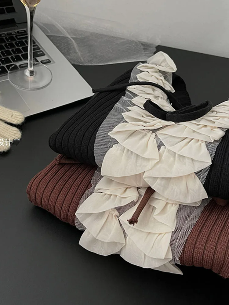 French Elegance Fashion Simple Ruffle Knitted Sweater Daily V-Neck Long Sleeve Chic Pullovers Lace Up Autumn Winter Streetwear