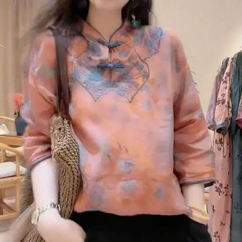 Chinese Style 2024 Summer New Women\'s Clothing Stand Collar Button Printed Elegant Casual Loose Luxury Half Sleeve Shirt Blouse