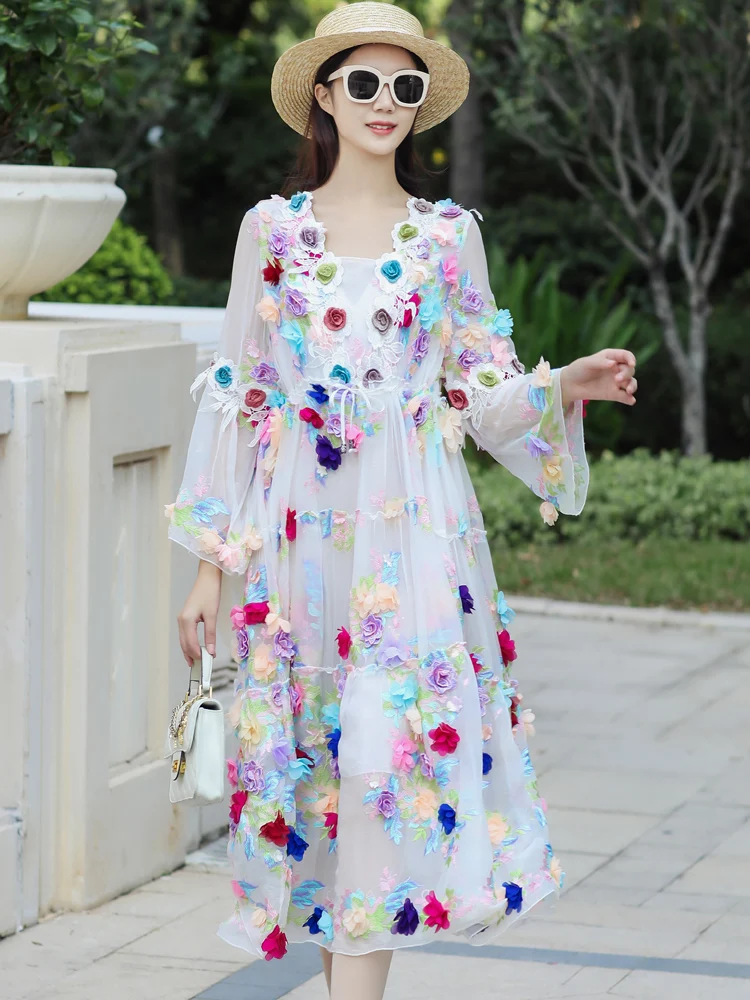 Spring New V-Neck Women's Elegant Luxury Embroidery+Color Stereoscopic Nailed Flower Flare Sleeve White Princess Dress One Size