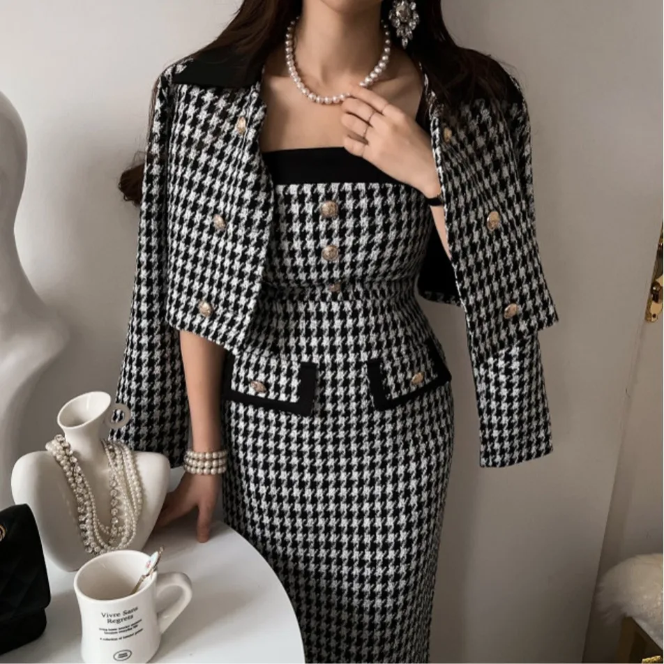 Chic automne Vintage ort sur mesure manteau et jupe ensemble femmes Plaid coupe ajustée Dr tenue coréenne Sle printemps automne hiver