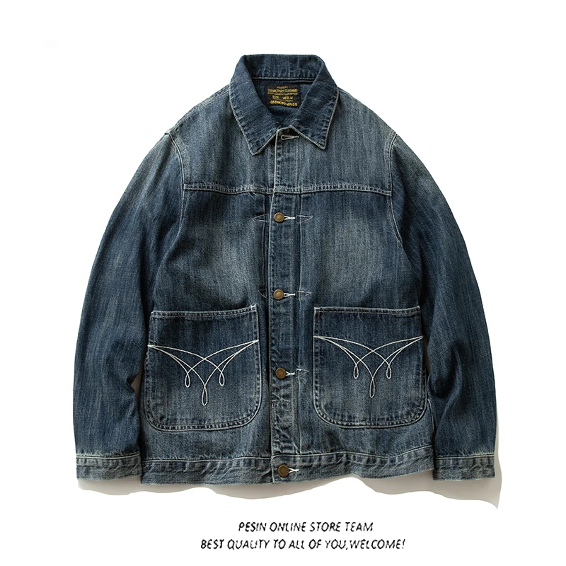 

Retro American Waed Denim Jaet for Men Loose Casual Versatile Workwear Multi-ket Jaet Youth Trendy Outerwear