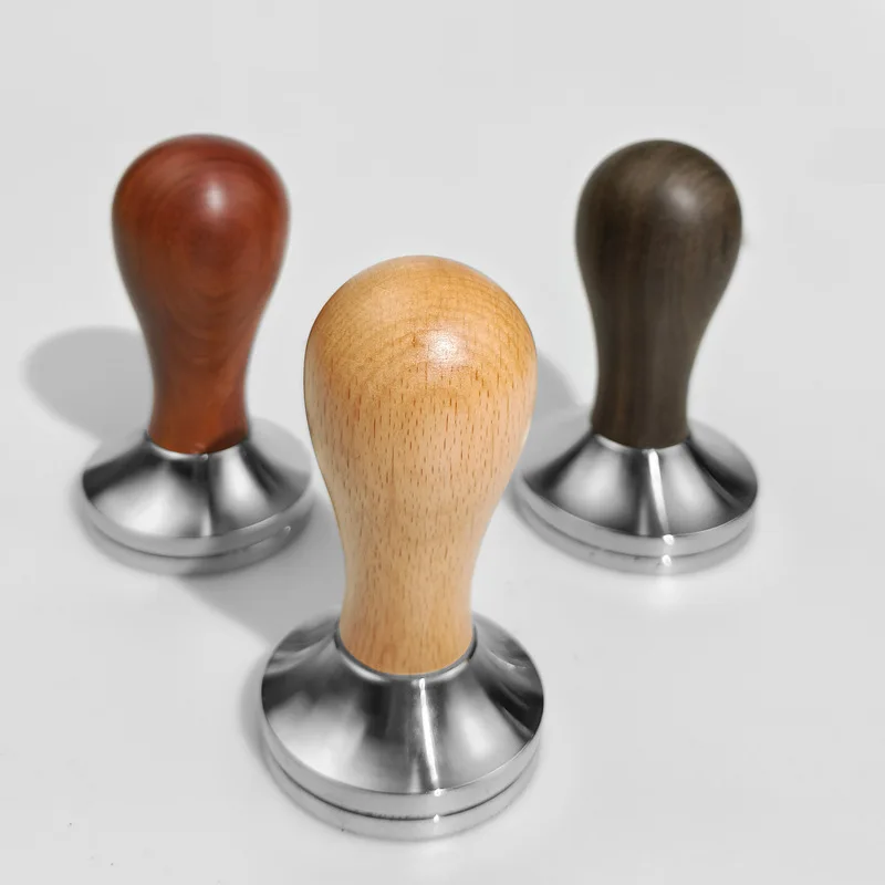 Coffee tamper 51/53/58.5mm wooden handle powder press 304 stainless steel threaded bottom solid powder press tamper