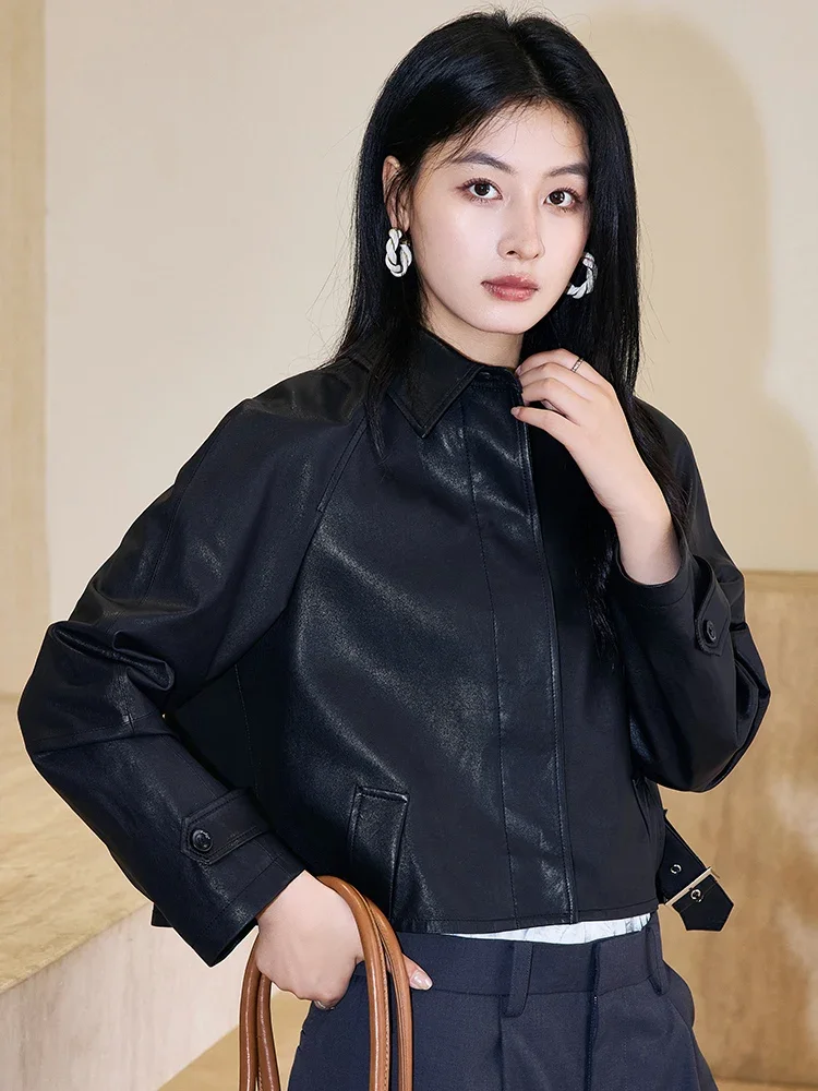 Black Short Genuine Leather Jackets for Women Spring Autumn 2024 New High-end Retro Simple Loose Soft Real Sheepskin Coat