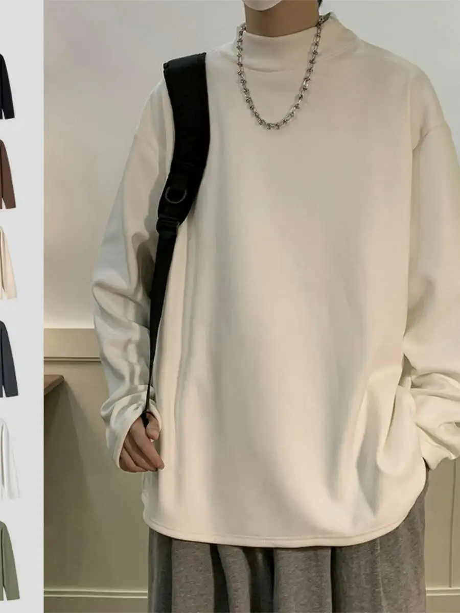 

Thickened High Collar Men's Fleece Lined Hoodie Sweatshirt Winter Base Layer INS Style Comfortable Loose Fit round Neck Pullover