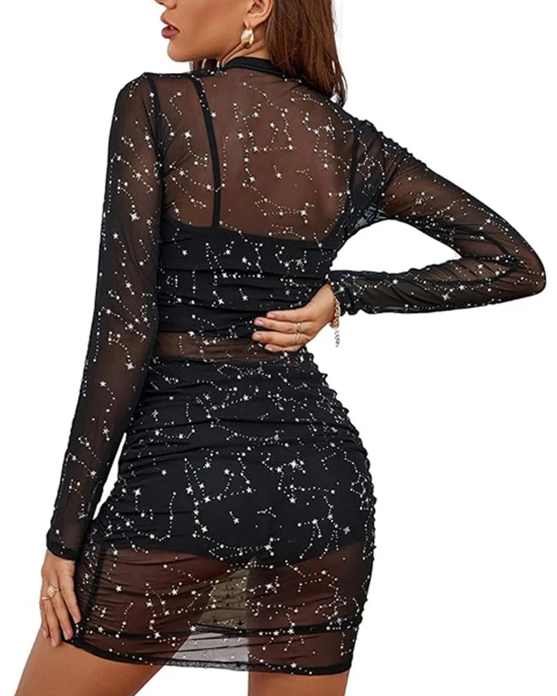 Y2K فساتين نسائية مثيرة 2025 موضة جديدة ترتر لامع كم طويل بقماش شفاف فستان قصير مع فساتين ضيقة بدون أكمام