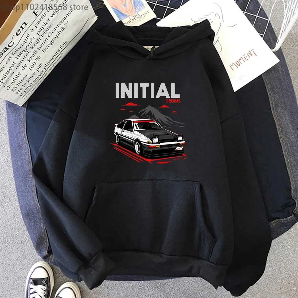 Japanese Anime AE86 Initial D Hoodie O-Neck Short Sleeves Sweatshirt Winter Casual Fashion Unisex Women Clothing Tracksuit Men