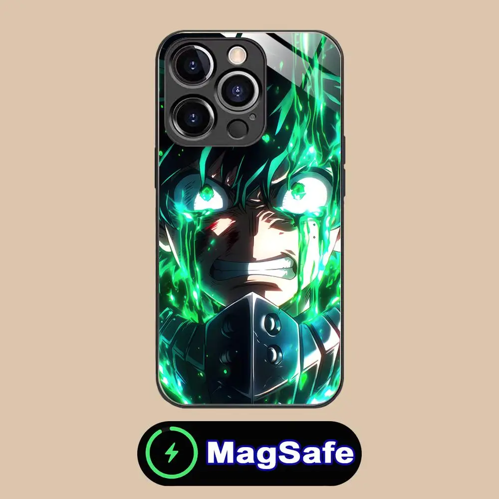 حافظة هاتف My Hero Academia Izuku Deku لهاتف iPhone 16 15 14 13 12 11 Pro Max Plus Mini MagSafe لون زجاجي واقي للهواتف الذكية