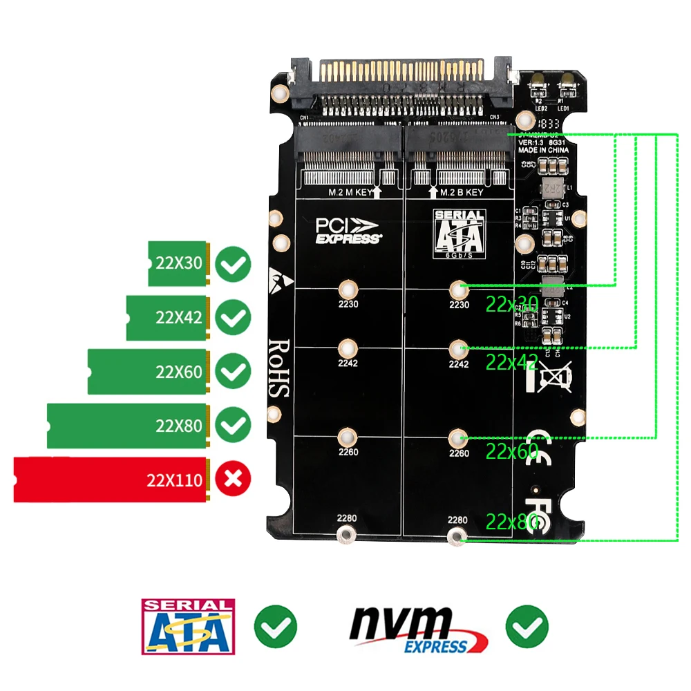 Adattatore da M.2 SSD a U.2 2 in1 M.2 NVMe e SATA-Bus NGFF SSD a pci-e U.2 SFF-8639 adattatore convertitore PCIe M2 per computer Desktop