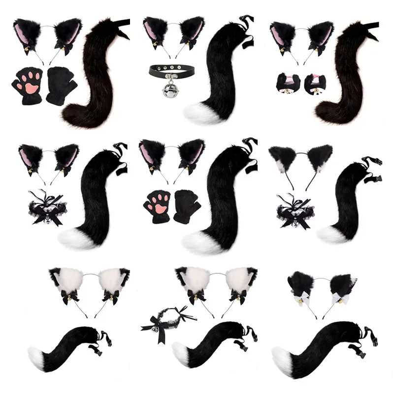 Handmade Cat Ear Bell Headband Tail Accessory Sets Black Furry Halloween Cosplay Party Dance Performance Apparel Costume Props