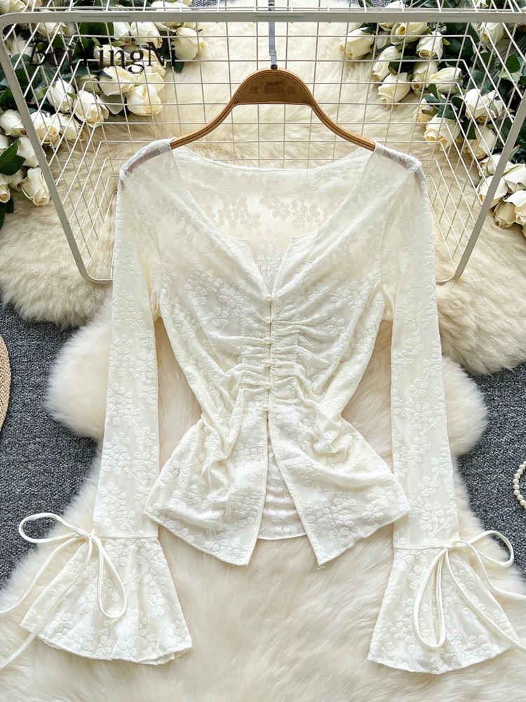 

Beiyingni French Slim Fit Women Tops Buttons Mesh Long Flare Sleeve Black Shirts for Woman Casual Elegant Sexy Elegant Blouses