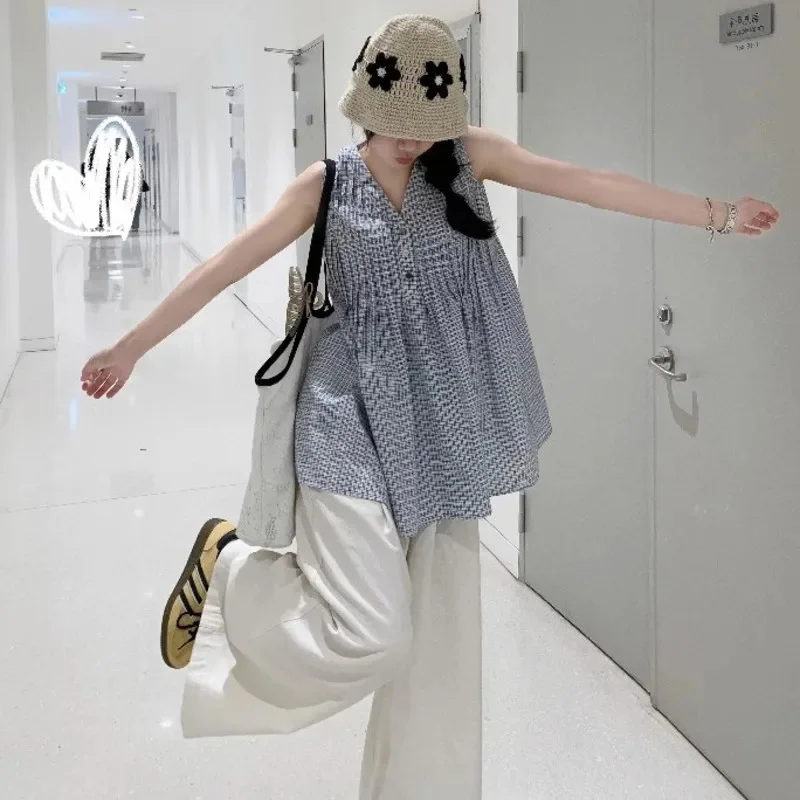 

Korean Chic Plaid Tops & Tees Design Niche Shirt Vest Skirt Grid Tee Summer Thin Sleeveless Outer Doll Shirt Top Women Tee New