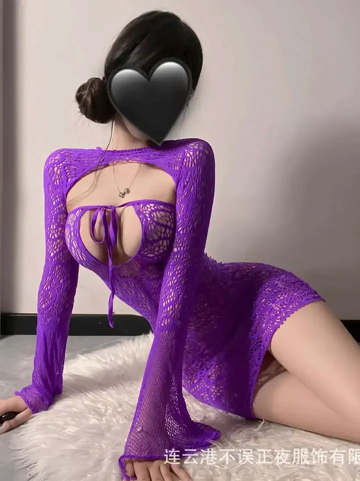 Purple Temptation Net Clothes Pure Desire Wrapping Long Sleeve Mini Dress Mesh Lace Sheer Uniform Dress Elegant Korean 1MHZ