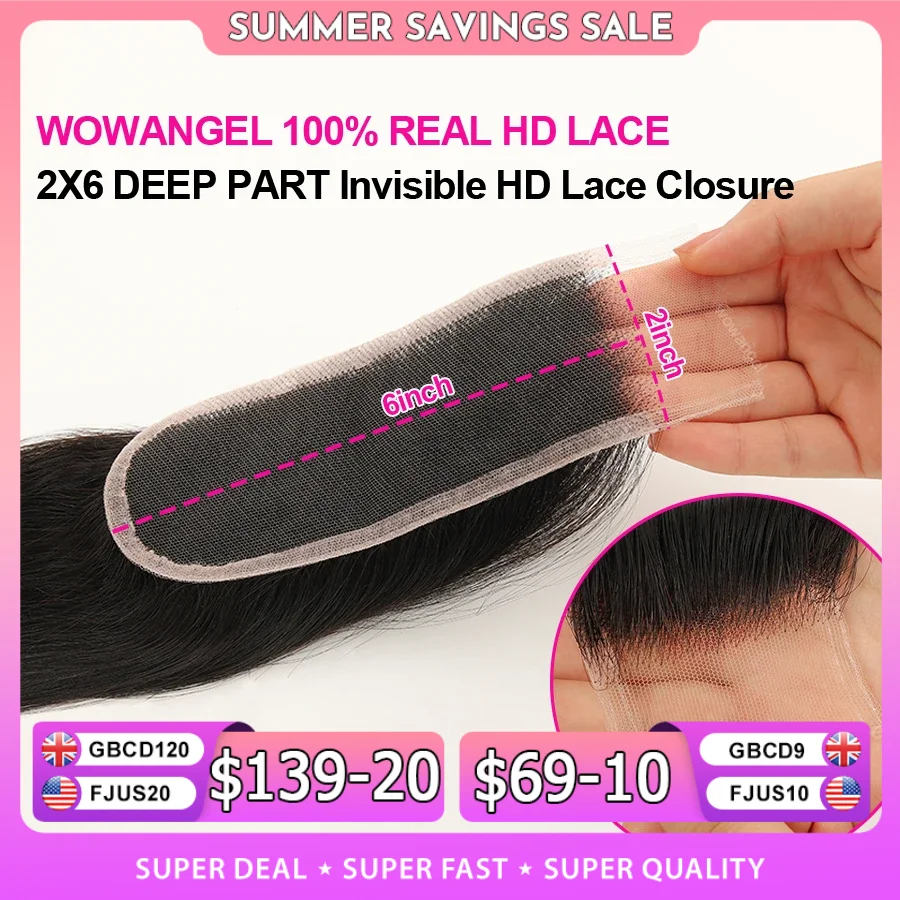 WOWANGEL 2x6 separación profunda HD Cierre de encaje Frontal solo piel derretida pelo liso Kim K cierre cabello virgen prearrancado para mujer
