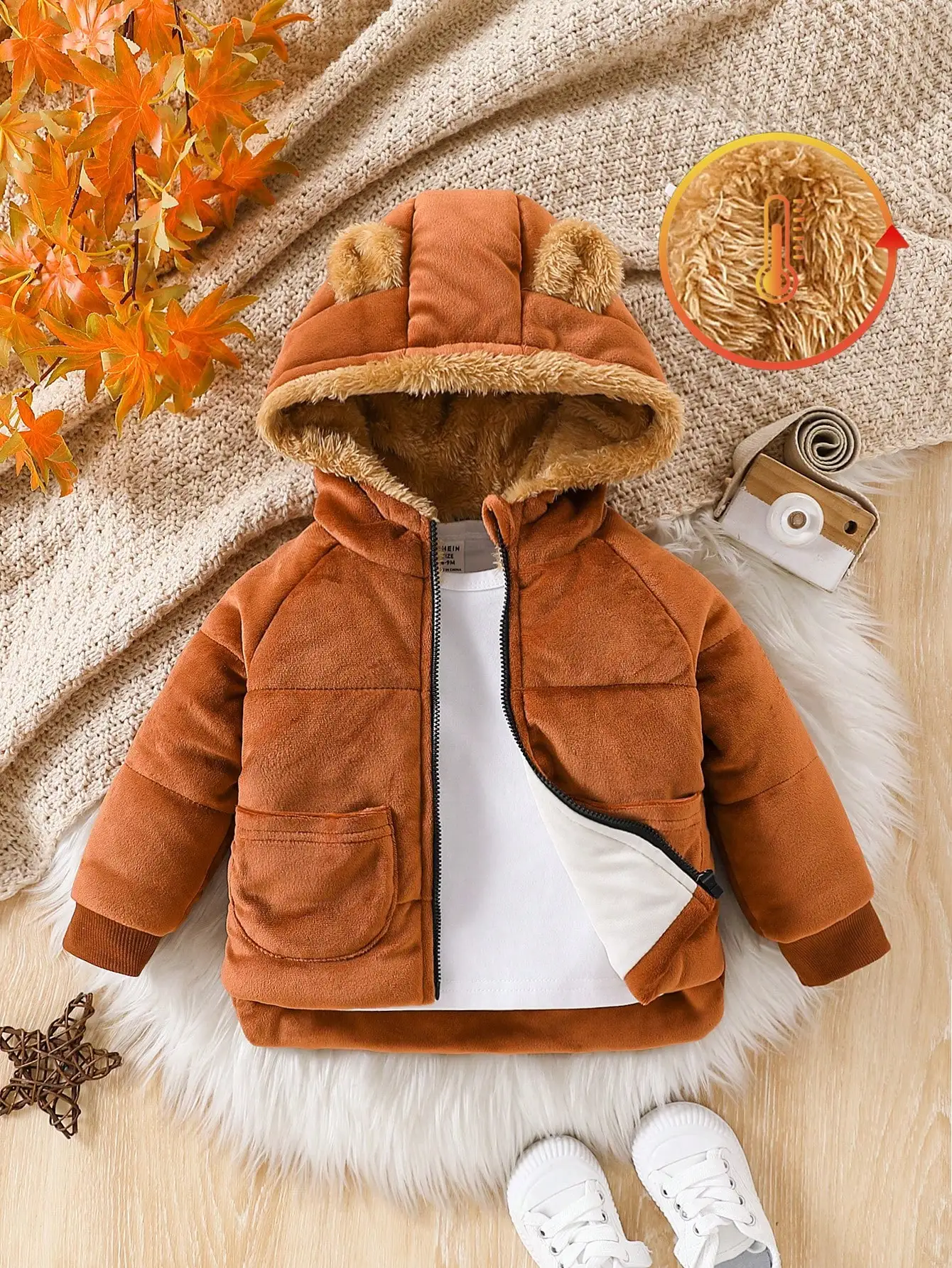 

For Baby Boys In Autumn And Winter Brown Cotton-Padded Clothes With Fleece Clips Create A Cute And Soft Look