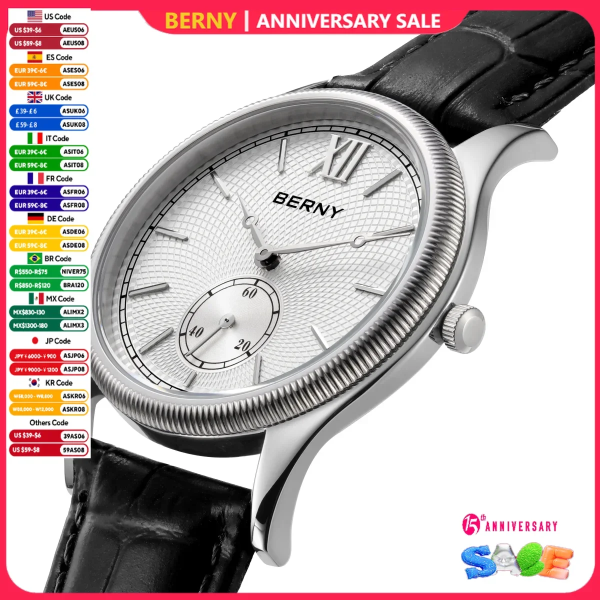 BERNY Men's Watches Luxury Classic Stylish Dress Quartz Watch Ultra-Thin Stainless Steel Case Elegance Leather Strap Wristwatch