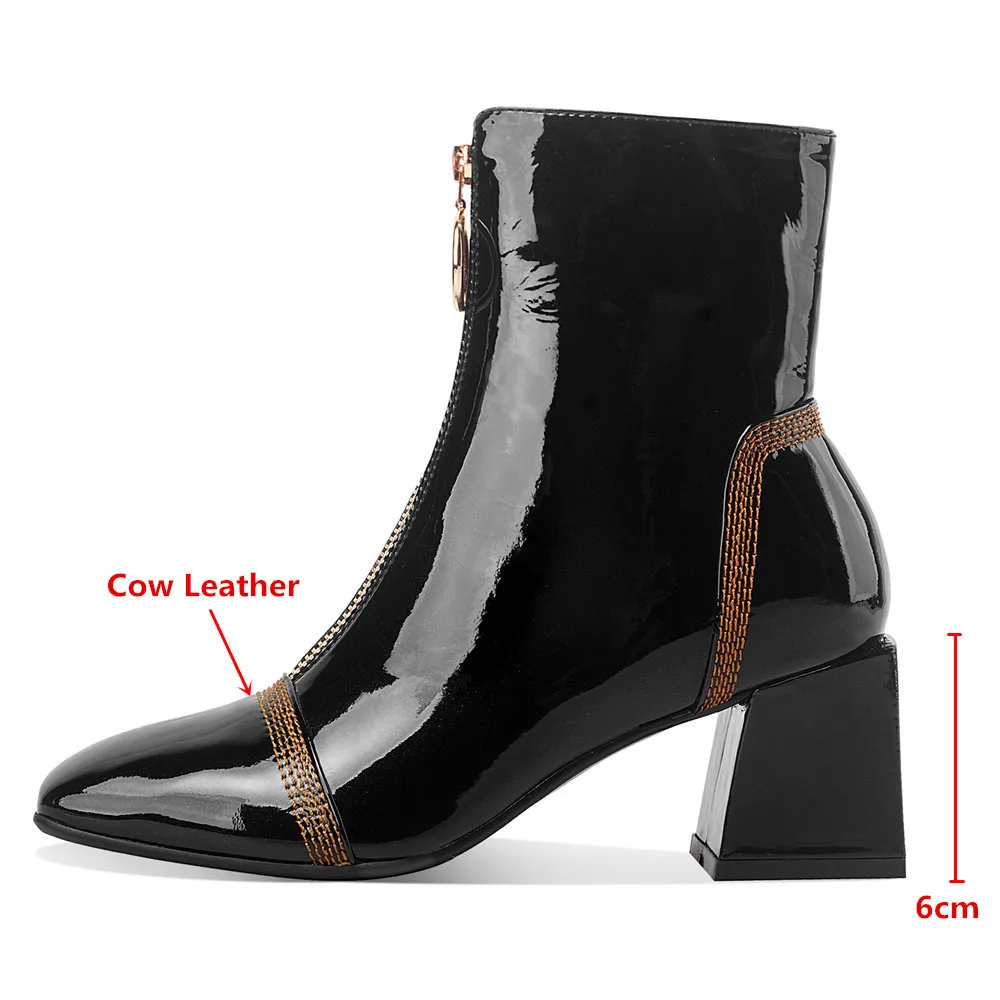 MILI-MIYA Fashion Design Women Cow Patent Leather Ankle Boots Solid Color Zippers Thick Heels Plus Size 34-42 Handmade For Lady